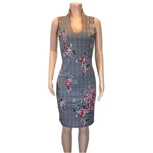 B Famous #USA Womens Red Rose Print Plaid Sleeveless Sheath Dress Size Large